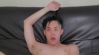 Asian twink with butt plug jacking off and cumming