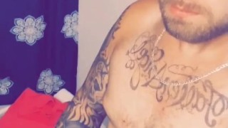Sexy tatted dude jerkin in bathroom