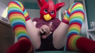 Fursuit Teasing with cute rainbow socks, stripping, and cumming inside condom