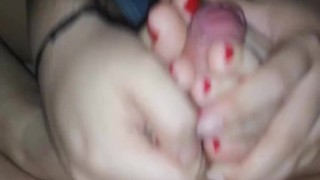 CUTE TEEN FOOTJOB/HANDJOB RED TOES PART 2