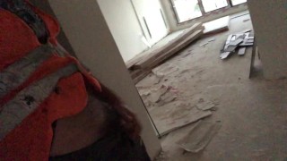 Perverted plumber gets horny while he's working on radiator plumbing in construction