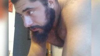 Hot Hairy Muscle Daddy Stripping posing nude and jerking off in bathroom