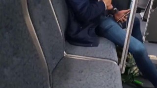 Jerking off in public on city bus with cumshot