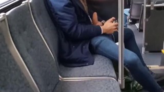 Jerking off in public on city bus with cumshot