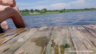 The guy swims naked in the river in public, then comes home and jerks off his big dick
