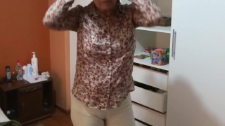 Very beautiful Latin mother comes home and shows off very excited in front of the maid's husband