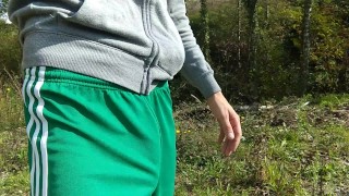 Very Hot Guy Running, marking his Huge Cock in the Pants, and Jerking off in Public