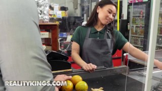 Reality Kings - JMac Fucks Petite Kimmy Kimm Behind The Supermarket Counter As She Keeps Working