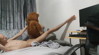 Skinny teen riding his hairy teddy bear in different positions