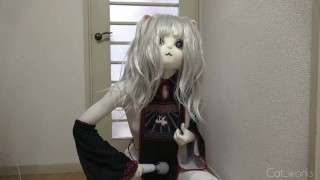 White crossdresser cat wears chinese vampire costume and gloves