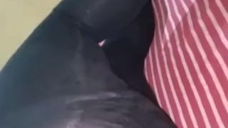 Boy in girls panty and sexy black leggin having solo fun
