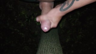 Cumshot behind a tree in the night and showing cum load after cum