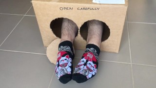 Surprise Delivery Series - Lucky magic cat ankle socks - Big Male Feet to Worship inside - Manlyfoot