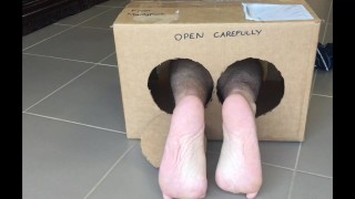 Surprise Delivery series - Striped bed socks Big Male Feet to Worship inside - Manlyfoot