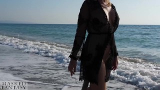 Sexy woman at the beach takes a foxtail butt plug in her ass - public outdoor anal plug