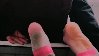 Chole fields foot tease on bathroom counter 