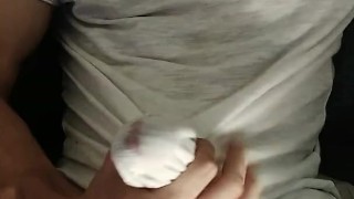 Horny boy moaning and masturbating until he cums inside his transparent shirt.