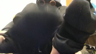 shy Plague Doctor showing off black socks and feet