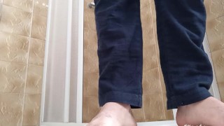 squat pissing in the shower