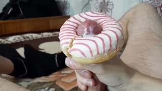 Russian student in the dorm fucks a sweet donut with a big dick