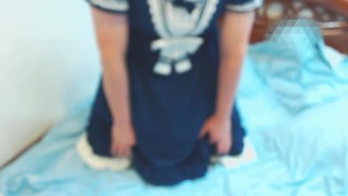 Crossdresser Wearing a Blue Sailor Dress and a Thick Diaper, then Jerking Off 2