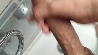 Jerking Big Cock in Shower, Cream Baths Cock and Squirting on Feet