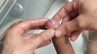 Jerking Big Cock in Shower, Cream Baths Cock and Squirting on Feet