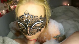 Blue eyed blonde gives BEST Deep Throat blowjob in a bubble bath