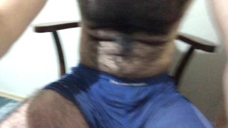 Long hairy men masturbation and cum on table