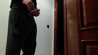 Handjob From Hot Amateur Guy With Big Cock, Shoots At The Door