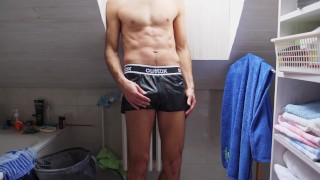 Trying out my new full zipper jogging shorts and cum in my hand