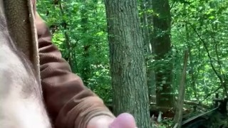 Horny guy jerking off thick dick outdoors with nice cumshot 