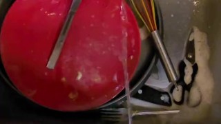 Desperate piss all over the dirty dishes before washing them