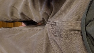 Piss desperation on couch leads to wetting before making it outside 