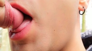 Licking last drops of cum from cock after getting facial outdoor