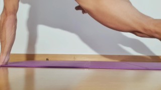 Guy masturbating while doing naked yoga - pushup challenge