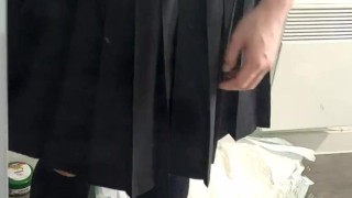 Crossdresser Wearing Sailor Fuku (Japanese Uniform) and Diaper then Cumming on Mirror Before Padding