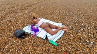 PUBLIC BEACH Voyeur - PUSSY LIPS Visible Through MICRO BIKINI THONG