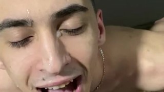 Hot naked guy in sneakers hard suck big dick and gets a lot cum on face