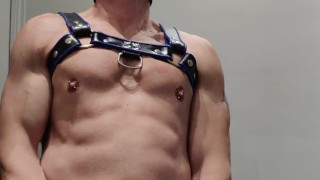 PecsPup cums in handcuffs and harness