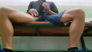 Masturbation in a public bathhouse ending up with a lot of cum in my girlfriend's sock