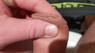 Wanking uncut cock with a big foreskin and wiping precum on filthy underwear