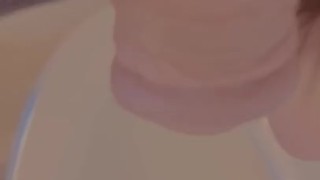 Hairless boy peeing white duck 