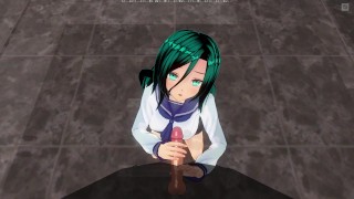 3D HENTAI girl with blue hair jerks off a guy in the toilet