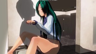 3D HENTAI girl with blue hair fucks in the washroom
