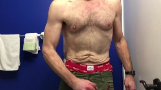 Shirtless jerk-off in the bathroom, wearing my Hollister boxers, verbal