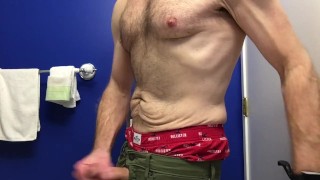 Shirtless jerk-off in the bathroom, wearing my Hollister boxers, verbal