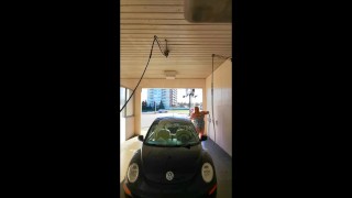 Sissy Washes Car in Public in Womans Swim Suit!