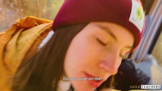 POV. Naughty stranger seduced me with public blowjob in mountain cableway and begged to cum in mouth