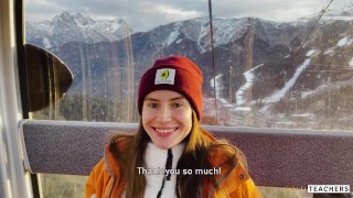 POV. Naughty stranger seduced me with public blowjob in mountain cableway and begged to cum in mouth